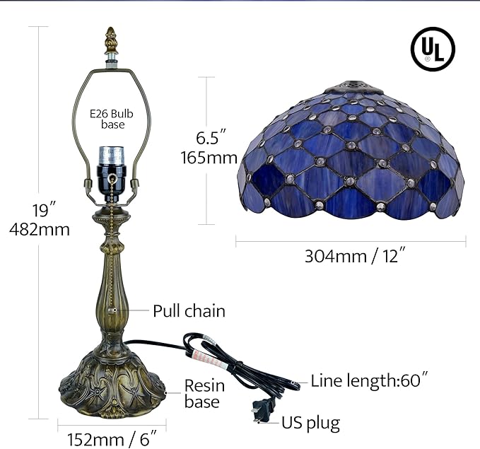 Tiffany Lamp Vintage Deep Blue Stained Glass Bead Table Lamp Desk Bedside Reading Light Decor Bedroom Living Room Home Office D12*H18 Inches