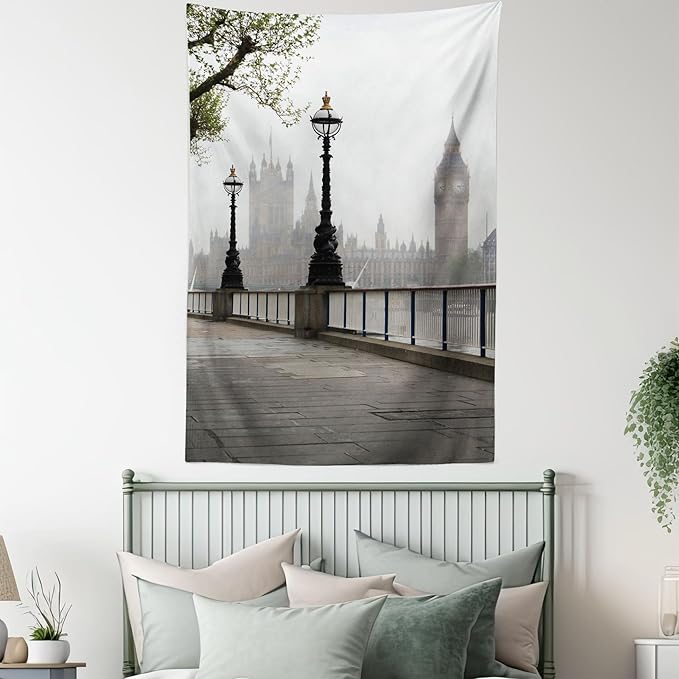 Ambesonne London Tapestry, Big Ben View from the Street Palace of Westminster Touristic Britain, Fabric Wall Hanging Decor for Bedroom Living Room Dorm, 30" X 45", Off White Brown