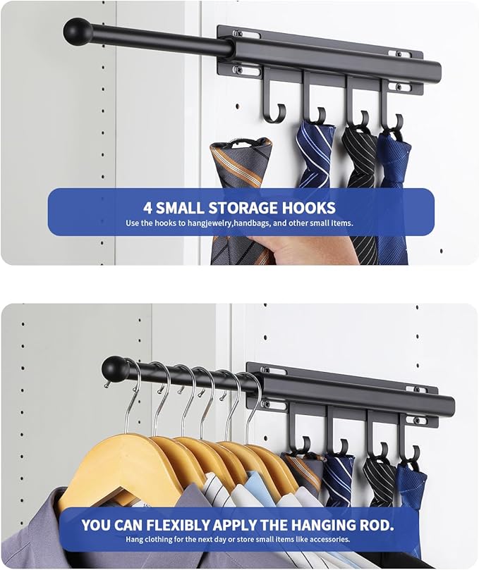 12" Valet Rod for Closet Pull Out With 4 Hooks Valet Rods for Closets (2Pack Black) Closet Valet Rod Slide Out
