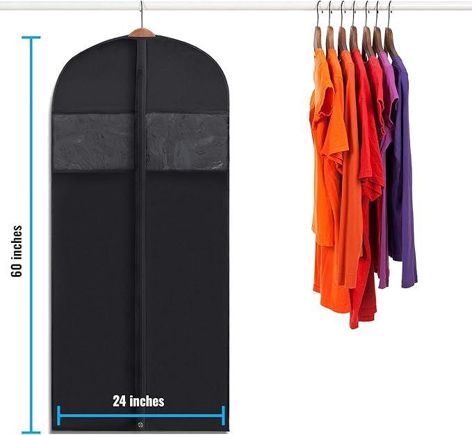Plixio 60” Black Garment Bags for Hanging, Men Suit Bag for Travel and Clothing Closet Storage of Women Dress, Shirts, Coats, Suit Cover - Includes Zipper and Transparent Window (Black - 24 pack: 60")