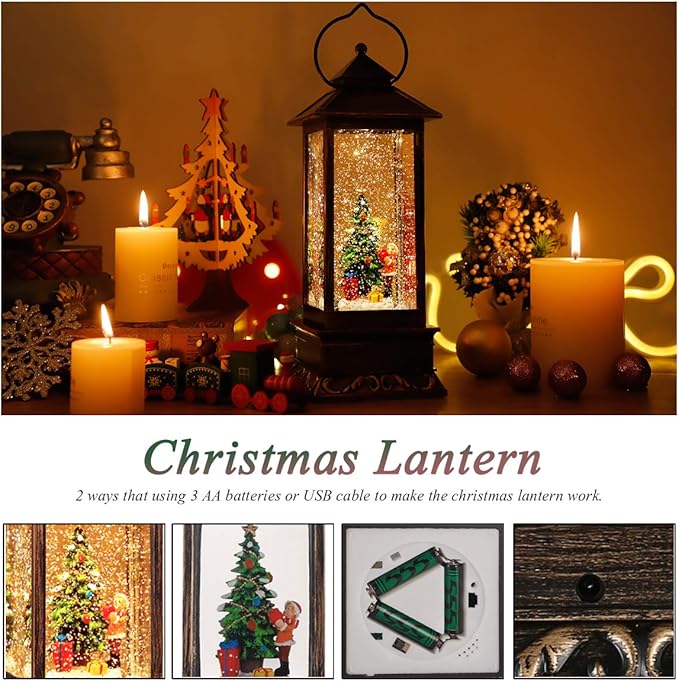 Christmas Snow Globe Lantern Crystal Glitter Lantern Features 8 Songs and 6-Hour Timer Function Ideal for Holiday Decorations and Gifts USB and Battery-Powered Snow Globe (Christmas Tree)