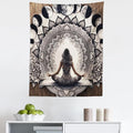 Ambesonne Mandala Tapestry, Meditating Lady with Ethnic Florals and Lunar Phases Frame Rustic, Fabric Wall Hanging Decor for Bedroom Living Room Dorm, 23" X 28", Cocoa Charcoal Grey White