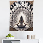 Ambesonne Mandala Tapestry, Meditating Lady with Ethnic Florals and Lunar Phases Frame Rustic, Fabric Wall Hanging Decor for Bedroom Living Room Dorm, 23" X 28", Cocoa Charcoal Grey White