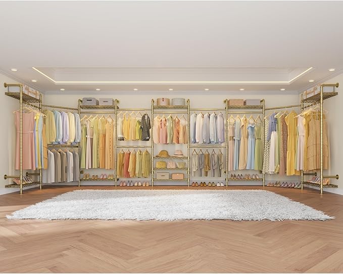 Timate U4 U Shape Garment Rack Heavy Duty Clothes Rack for Hanging Clothes, Expandable Industrial Pipe Clothing Rack Wall Mounted Closet Extra Large Closet Rack Walk in Closet System, Closet Kit Gold