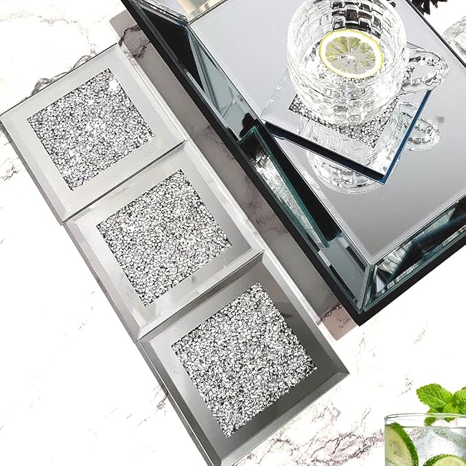 GIMORRTO Glass Mirrored Coaster 4 PC, Crushed Diamond Square Cup Mat 4" Decor on Tabletop for Bar Tools Dining Table