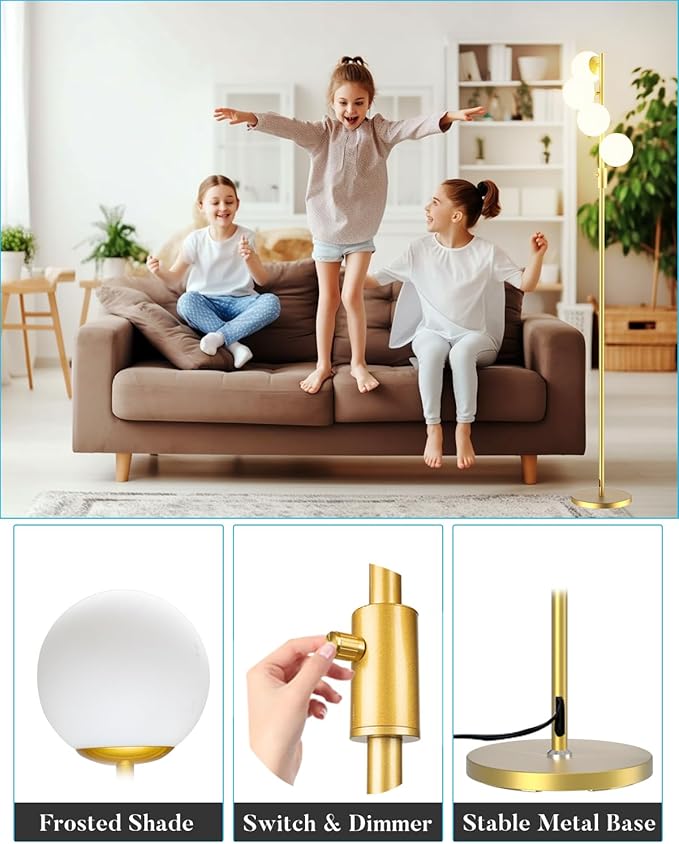 Lightdot 64IN Dimmable Globe Floor Lamp, Gold Standing Lamps with 4PCS 3000K Bulbs Soft Warm White Eye Care, Mid Century Modern Floor Lamp for Living Room/Bedroom/Sofa Beside/Corner Decor