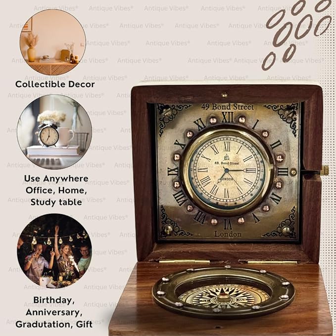 Vintage Wooden Box with Clock and Compass, Shelf Decor, London Style Roman Numeral Display, Steampunk Desk/Mantel Clocks, Wedding, Engagement Gift for Men or Women, for Husband Wife