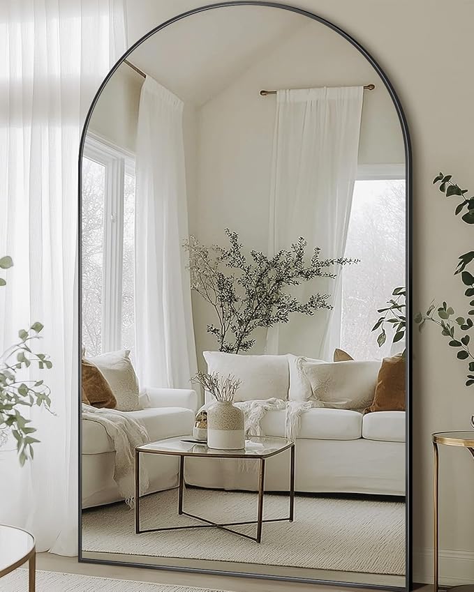 Full Length Mirror, 76"x44" Oversized Floor Mirror Freestanding, Full Body Mirror Floor Standing Mirrors with Stand, Hanging Mounted Mirrors for Bedroom Living Room, Black, Arched Style