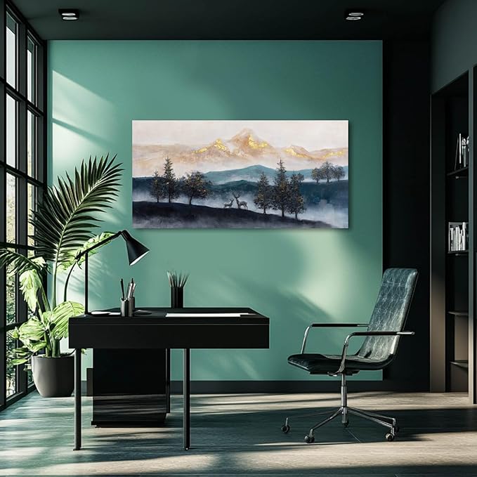 GAIDUOMAI Mountain Canvas Wall Art Gold and Blue Painting Pictures Animals Prints for Wall Decor 24x48 Inch Poster for Living Room Bedroom Home Hanging Decor