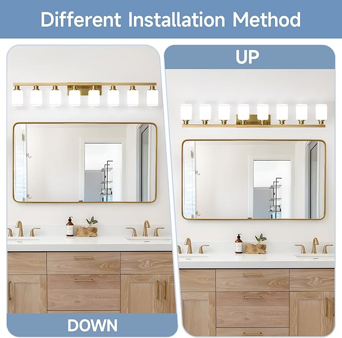 Bathroom Vanity Light,8-Light Brushed Gold Bathroom Light Fixtures with Square Frosted Glass, 51in Gold Wall Lamp Sconces for Mirror Bedroom,Living Room Hallway,E26