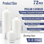 72 Pack White Pillar Candles Bulk Set, 2x3 2x6 2x8 Inch - 24 Each Size, Dripless Smokeless Clean Burning for Wedding Centerpieces, Home Decor, Church, Romantic Ambiance！
