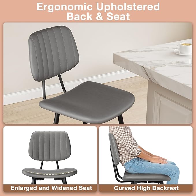 29-Inch Leather Bar Stools Set of 3, Counter Height Barstools with High Backrest，Bar Chairs for Kitchen Island with Heavy Duty Metal Base, Gray