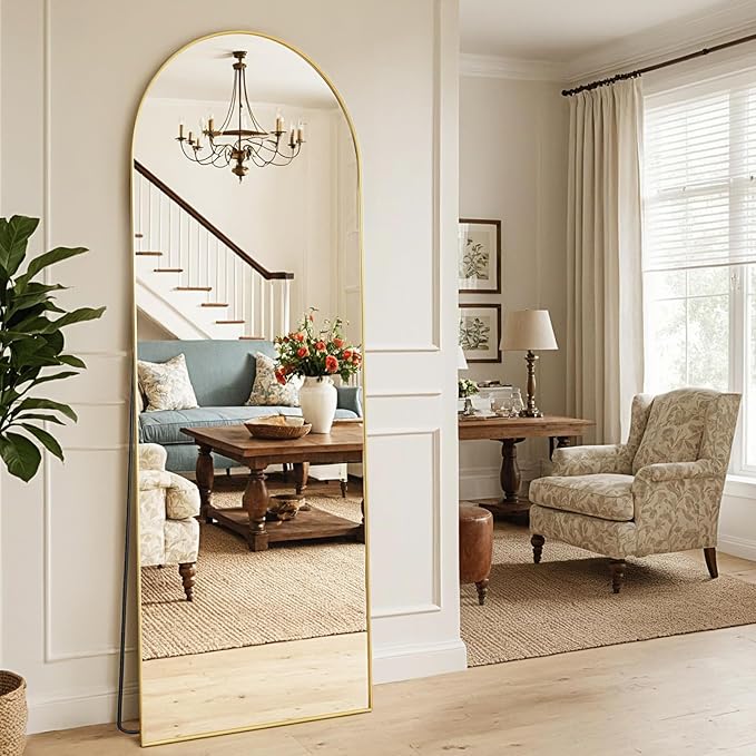 MISSDAY 64"x21" Arched Full Length Mirror, Full Body Mirror with Stand, Floor Mirror Long Free Standing, Leaning or Hanging, Aluminum Thin Frame Wall-Mounted Mirrors Wall Mirrors for Bedroom, Gold