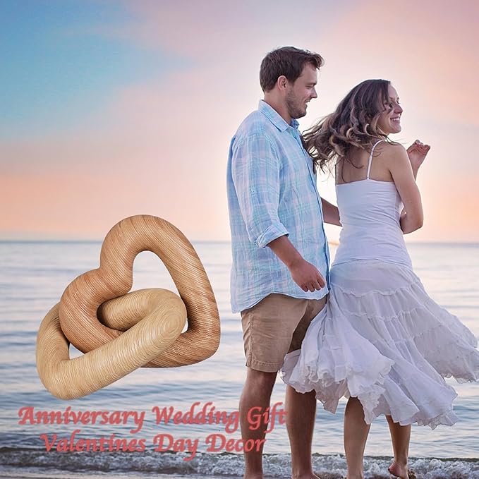 Guichifun Couple Gifts Modern Farmhouse Decor - Resin Heart Sculpture Valentines Day Decor Home Wood Finish Chain Link Décor Love Statues Anniversary Wedding Gifts 8 x 7 x 5.5 Inch
