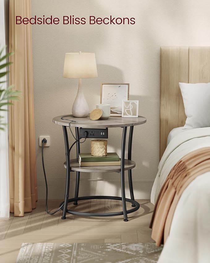 VASAGLE 21.7-Inch Round Side Table, 2-Tier End Table with Power Outlets, Nightstand with Steel Frame, Spacious Top, for Small Spaces, Living Room, Bedroom, Heather Greige and Ink Black ULET077L01
