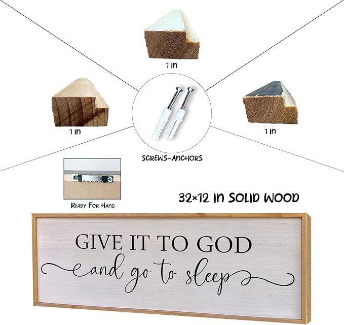 Surfapans Give It To God And Go To Sleep Sign Wall Decor 32"x12" ofr Master Bedroom Guest Room Wood Rustic Framed Wall Art Sign (Wood White)