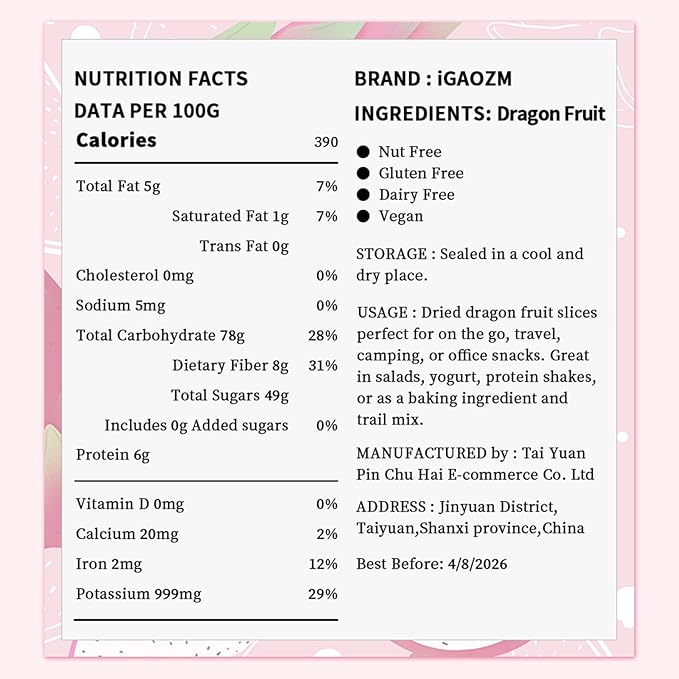 iGAOZM Dried Dragon Fruit Chips,8.8oz/250g,Dehydrated Dragon Fruit Slices,No Sugar added,Soft and Chewy Bulk Dehydrated Dragon Pieces Snacks for Cocktails,Snacks,Garnishing, Baking
