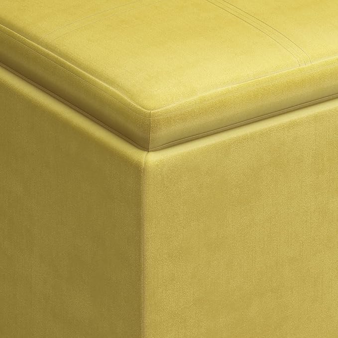SIMPLIHOME Rockwood Cube Storage Ottoman with Tray - 17 inch Wide Upholstered Velvet Fabric Square Storage Ottoman in Dijon Yellow, Contemporary Cube Ottoman for Living Room with Serving Tray
