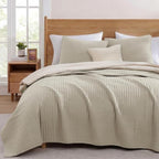 WRENSONGE Queen Quilt-3 Pieces Lightweight Bedspreads Light Oatmeal Queen Size Quilt Bedding Set for All Seasons, Soft Summer Coverlet with 2 Pillow Shams Suitable for Bed & Couch