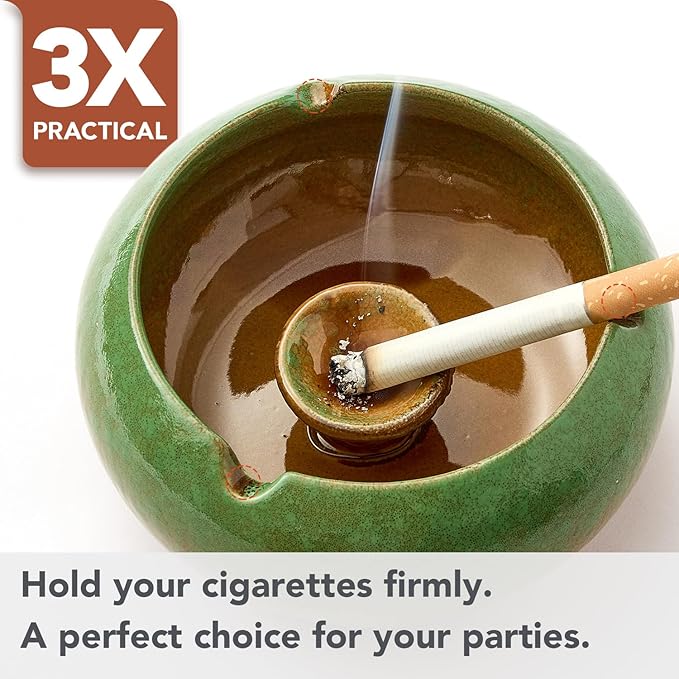 Ashtray with Lid for Outside Patio, Windproof Ash tray, Ceramic Smokeless Ashtray for Outdoor Home Office Tabletop Patio Outdoor Balcony, Green
