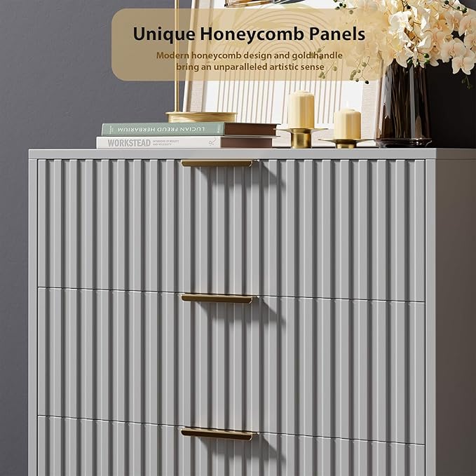 GarveeHome Fluted 5 Drawer Dresser for Bedroom, 48 in Tall Modern Chest of Drawers with Deep Drawers and Wide Top, Wooden Dresser Organizer for Living Room, Hallway, Kids Room, Grey