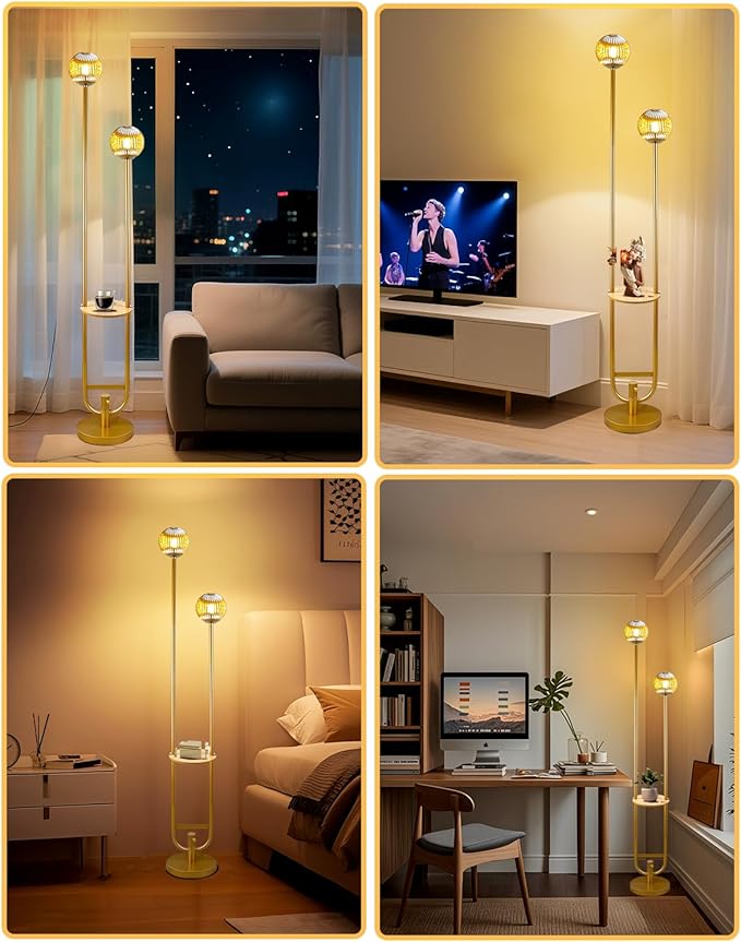 Glass Floor Lamp with Tray, Gold Dimmable Globe Floor Lamp for Wedding/Party, 2Pcs 3000K Soft Warm White Bulbs Included, Mid Century Modern Standing Lamps for Living Room Bedroom