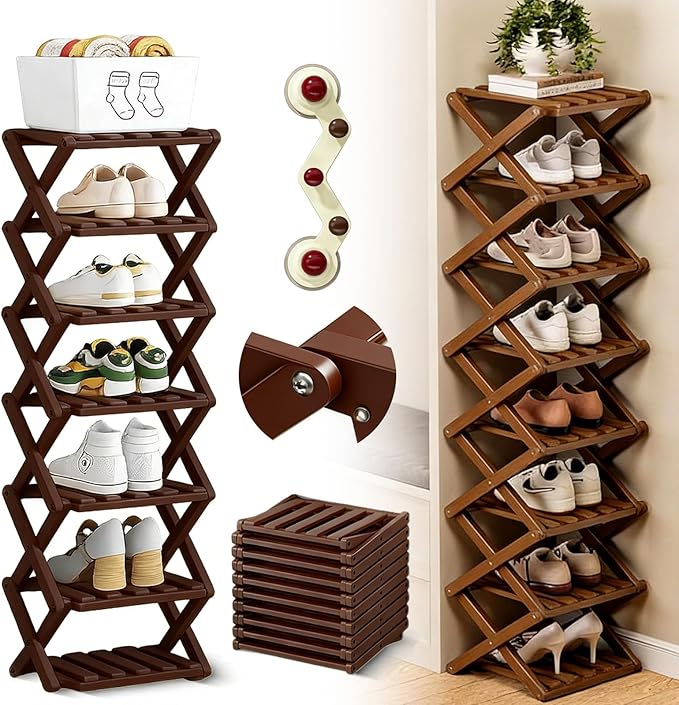 The 9-Tier No-Assembly Bamboo Rack, 2026 Upgraded Foldable 9 Tier Bamboo Corner Shoe Rack, Space-Saving Organizer for Shoes, No Assembly Narrow Shoe Shelf for Entryway Closet Dorm (Brown, 6 Layers)