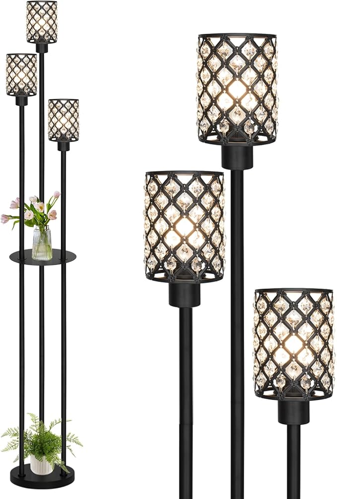 Floor Lamps for Living Room, Standing Floor Lamp with Shelves, Tall Lamp with Table, Modern Mid Century Floor Lamp with E26 Base, Coner Crystal Floor Light for Bedroom (Without Bulb)