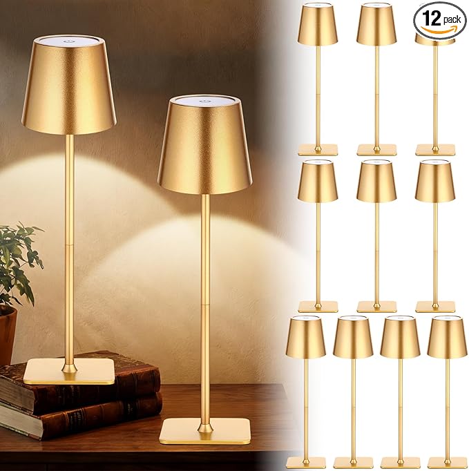 Retisee 12 Pack Cordless Table Lamp Portable Led Rechargeable Desk Lamp 3000mah Battery Operated 3 Color Stepless Dimming Waterproof Light Touch Control for Bedroom Restaurant Bars (Gold,Square Base)