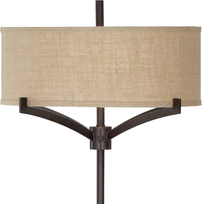 Franklin Iron Works Tremont Modern Mid Century Floor Lamp Standing 62" Tall Deep Bronze Metal Tan Burlap Drum Shade for Living Room Reading Bedroom Office House Home Decor