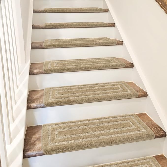 PURE ERA Bullnose Carpet Stair Treads Set Tape Free Non-Slip Indoor Stair Protectors Pet Friendly Rugs 9.5" x 30"(7 Pieces,Khaki Rectangular)