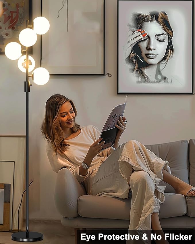 Lightdot 5-Globe Dimmable Globe Floor Lamp Black Retro Standing Lamps with 3000K Bulbs Included Brightness Adjustable Mid Century Modern Floor Lamp for Living Room/Bedroom/Sofa Beside/Corner Decor