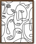 Abstract Face Pattern Wall Art Collage of Modern Faces Continuous Line Drawing 12x16 Inch Oak Wood Walnut Framed Artistic Aesthetic Print for Living Room