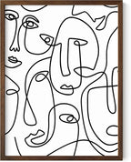 Abstract Face Pattern Wall Art Collage of Modern Faces Continuous Line Drawing 12x16 Inch Oak Wood Walnut Framed Artistic Aesthetic Print for Living Room