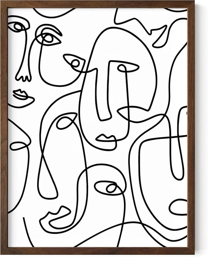 Abstract Face Pattern Wall Art Collage of Modern Faces Continuous Line Drawing 12x16 Inch Oak Wood Walnut Framed Artistic Aesthetic Print for Living Room