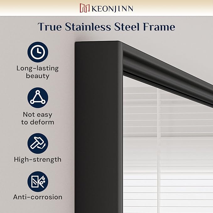 Keonjinn Black Mirror for Bathroom 24 x 36 Inch, Stainless Steel Framed Wall Mounted Mirrors, Anti-Rust, HD Tempered Glass, Shatter-Proof, Rectangle Bathroom Vanity Mirror, Modern Style Frame