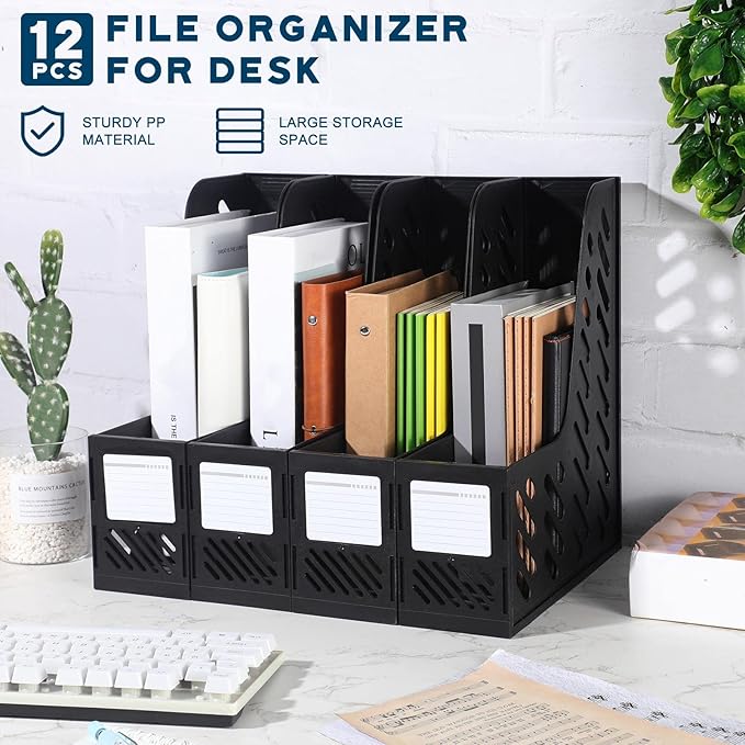 Glenmal 12 Pack Magazine Organizers Binder Organizer for Desk Plastic Vertical File Holder Magazine Racks Desk Accessories for Office, Home, or School (Black)