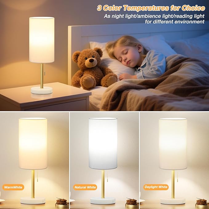 Dicoool Tall Bedside Table lamp for Bedroom - Luxury Marble Base & 3 Color Temperatures Bedside Lamps with USB Ports, Pull Chain Gold Table Lamps, White Nightstand Lamps for Living Room/Guest Room