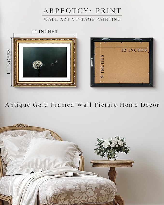 ARPEOTCY Vintage Gold Framed Wall Art Decor, 11x14 Inch Moody Botanical Picture Art Decor, Retro Dark Dandelion Print Painting, Rustic Farmhouse Wall Decor for Living Room Bedroom Bathroom Office