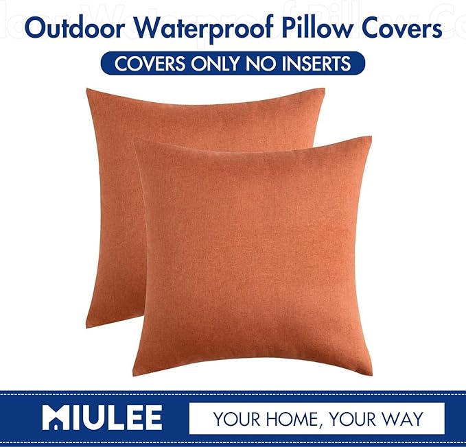 MIULEE Pack of 2 Decorative Outdoor Solid Waterproof Throw Pillow Covers Euro Sham Faux Linen Garden Farmhouse Cushion Cases for Summer Patio Tent Balcony Couch Sofa 22x22 Inch Orange