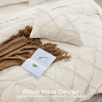 Sasttie Queen Comforter Set, 7-Piece Bed in a Bag, Pintuck Bedding Sets for All Season, Includes Comforter, Flat Sheet, Fitted Sheet, Pillowcases and Pillowshams, Beige