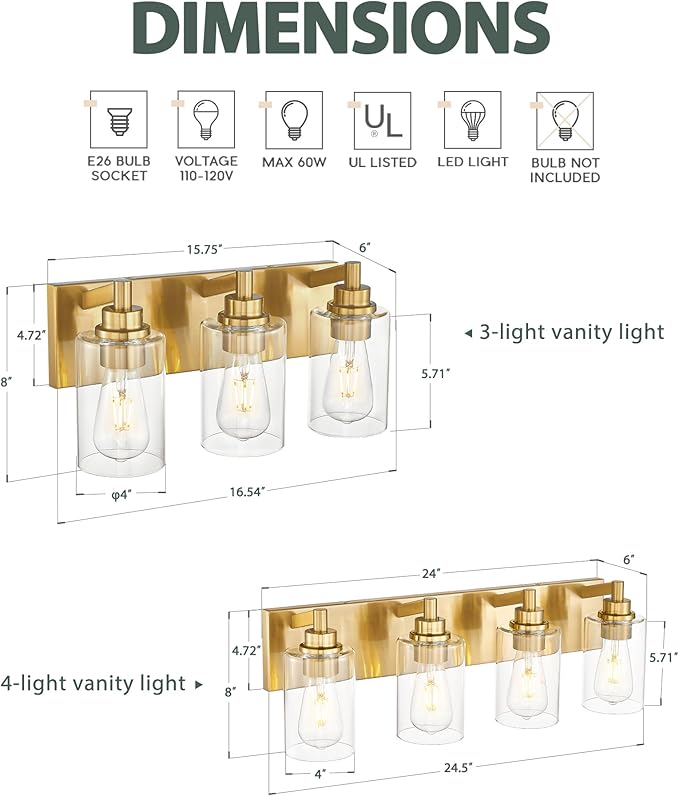 4-Light Bathroom Light Fixtures, Brushed Gold Vanity Light with Cylinder Clear Glass Shade, Modern Vanity Lighting Fixtures Over Mirror, VL143-BG-4
