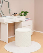 Round Boucle Storage Ottoman with Reversible Wood Tray, 17.7" Sherpa Cylinder Footrest Stool with Storage, Upholstered Folding Ottoman Coffee Table for Living Room Bedroom Dorm, White