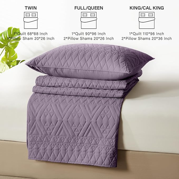 akkialla Full/Queen Quilt Set, Grayish Purple Lightweight Microfiber Bedspread Coverlet, Boho Geometric Pattern, Soft All-Season Bedding, 3-Piece (1 Quilt, 2 Pillow Shams) | Breathable fabric, Modern style