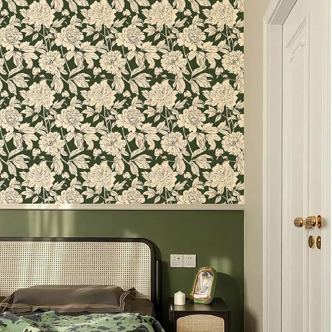 Peel and Stick Wallpaper Contact Paper for Cabinets Drawers Green Beige Floral Flower Vintage Design 17.5x118in Self Adhesive Wall Removable Desk Bedroom Moody Renter Friendly Modern