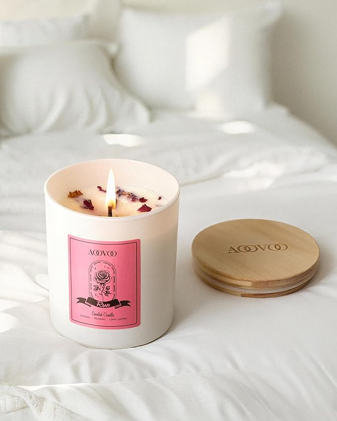 AOOVOO Rose Scented Candles for Women - Aromatherapy Candle with Crystals Inside, 10oz Soy Candles for Home Scented, Birthday Gifts Valentines Day Candle for Mom Women