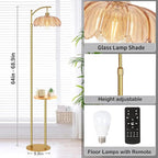 Gold Floor Lamp with Table and Shelves for Living Room Bedroom,Glass Standing Lamp with Remote Dimmable,Boho Brass Tall Lamp Vintage Farmhouse Arc Flower Floor Light Bohemian