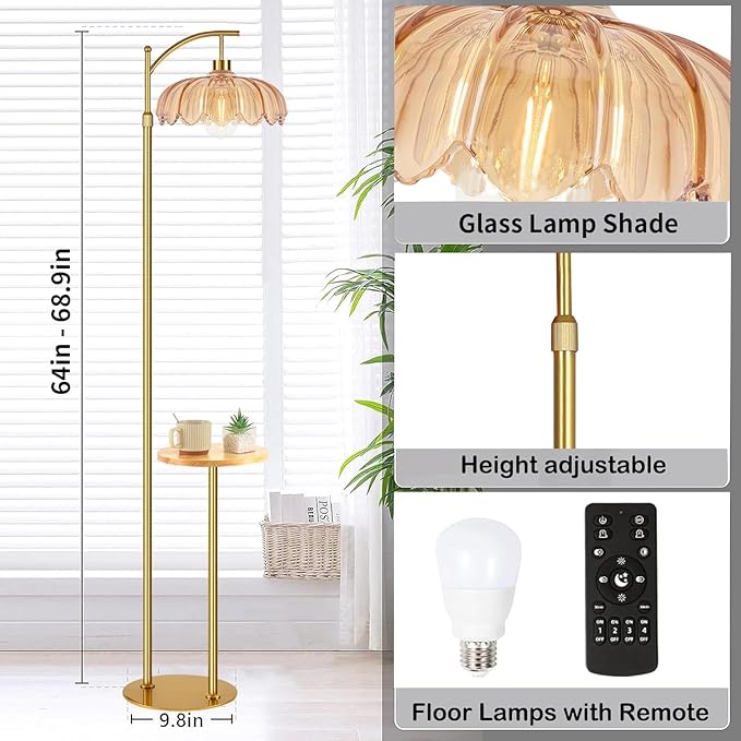 Gold Floor Lamp with Table and Shelves for Living Room Bedroom,Glass Standing Lamp with Remote Dimmable,Boho Brass Tall Lamp Vintage Farmhouse Arc Flower Floor Light Bohemian