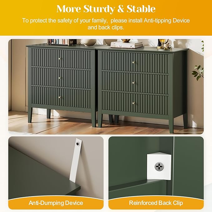 Large Green Fluted 3 Drawer Dresser Set of 2, Chest of Drawers with Ball Bearing Slide Modern 30 inch Tall Wood Nightstand with Spacious Storage for Bedroom Hallway Living Room Entryway