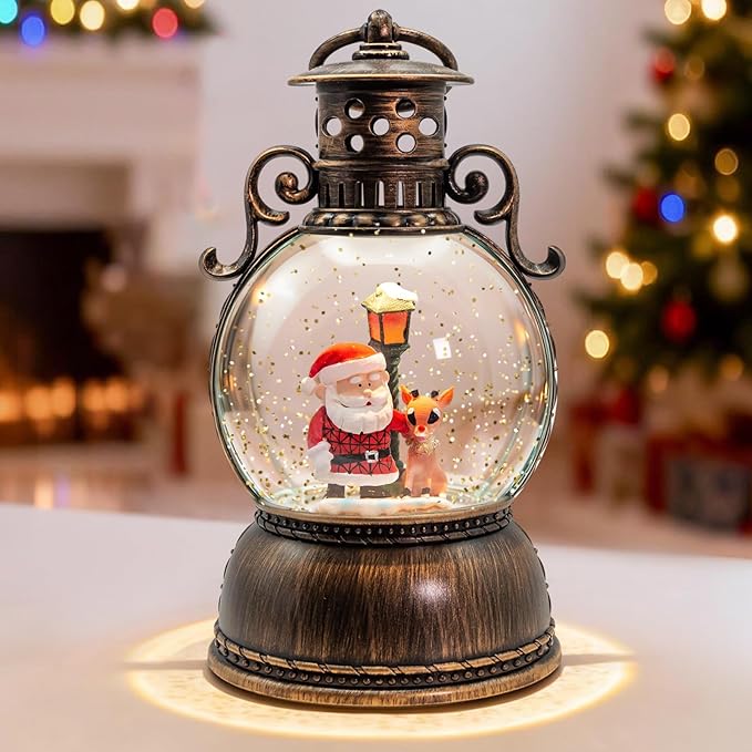 Christmas Snow Globes, Santa Claus and Deer Christmas Lantern with 8 Songs, 6H Timer Battery & USB Powered Glitter Music Box for Christmas Table Decorations Holiday